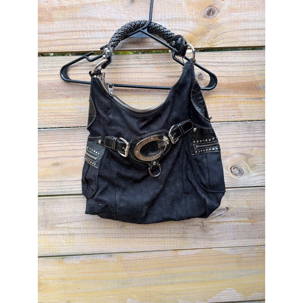 Guess Black Monogram Canvas Hobo Bag Patent Trim Studded Y2K Large G Logo